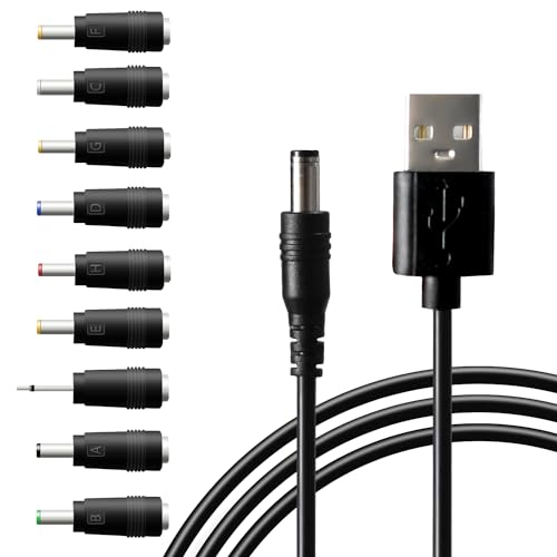 USB to DC 5V Power Cord, Universal DC 5.5x2.1mm Charging Cable with 9 Interchangeable Connectors Adapter for Moon Lamp, Massage Wand, Router, LED Light, Mini Fan, Speaker and More Devices (Black) - color: Black