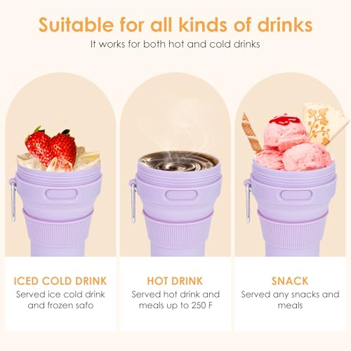 Collapsible Travel Cup - Lilac,16oz/450ml，Leak-Proof Reusable To-Go Pocket Size Silicone Bottle for Hot & Cold Drinks - Camping & Hiking - Dishwasher Safe- Straw included