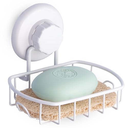 HASKO Suction Cup Soap Dish for Shower with Hooks and Soap Saver, White - color: White