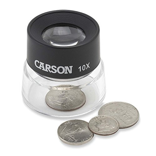 Carson LumiLoupe 10X Power Black/Clear Stand Magnifier, Ambient Light, 1.0 inch Lens Diameter, 2.0 inch Base Diameter, 2.0 x 1.75 x 2.0 inches, 0.05 kg - size: Single Pack