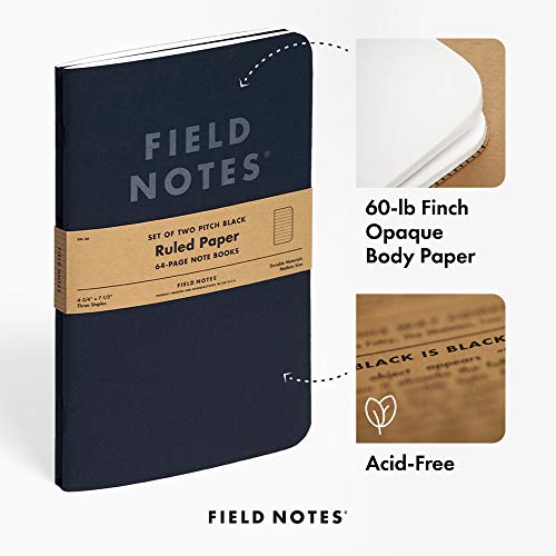 Field Notes 2-Pack Pitch Black Notebooks (4.75" X 7.5"), Ruled, 64 Pages | Thin Pocket Sized EDC Notebook With 90 GSM Paper & Paperback Cover | Work Notebooks For Note Taking | Made in the USA - size: Large Size (4.75" x 7.5") 2-Pack - Ruled Paper