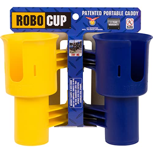 ROBOCUP, (Yellow & Navy), Patented Clamp On Boat Cup Holder |Multifunction Dual Drink Caddy for Fishing Poles, Tools, Net, Gaff |Portable Storage for Boating, Beach, Umbrellas, Golf Carts, Strollers - color: Navy & Yellow, size: Standard Spring