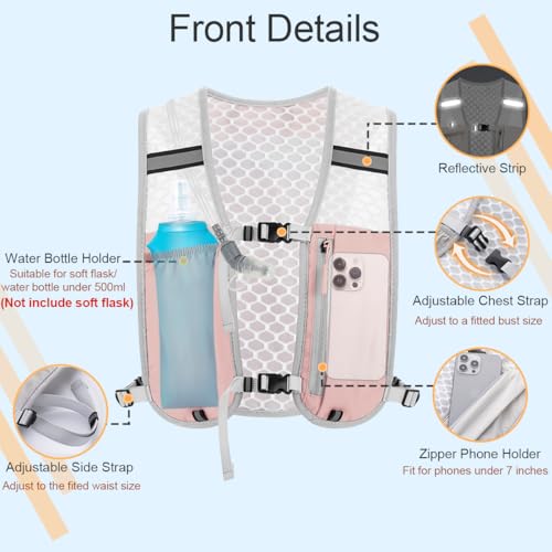 Running Vest Hydration Backpack for Men Women, Lightweight Breathable Hydration Packs, Adjustable Chest Straps Daypack, Reflective Water Running Vest for Marathon, Trail, Hiking, Cycling - color: Pink