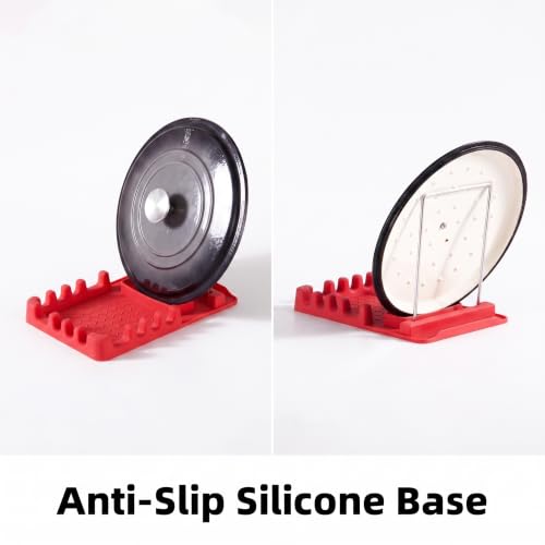 Silicone Utensil Rest with Foldable Stainless Steel Lid Holder – Multi-Slot Spoon & Spatula Holder, Heat Resistant, Non-Slip Rubber Feet, Dishwasher Safe, Space-Saving Kitchen Tool-Red - color: Red