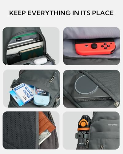 WATERFLY Small Crossbody Sling Bag: RFID Travel Hiking Daypack Man Woman | RFID-blocking,12 Multi-compartment pockets,Water-resistant,Adjustable shoulder strap with phone pocket,Durable nylon - color: Dark Grey
