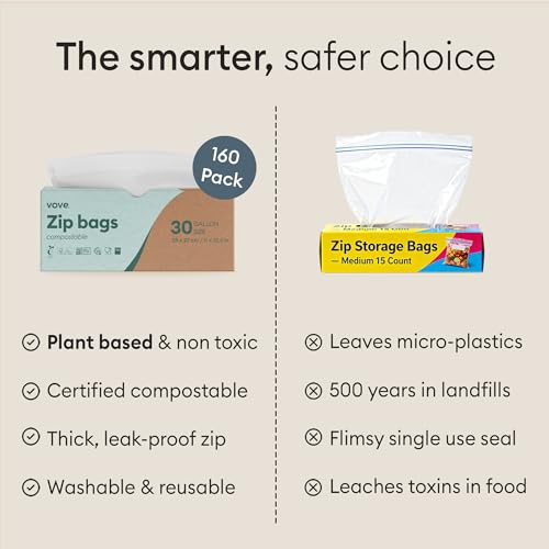 Vove Compostable Storage Bags 160 Ct Variety Pack (S/M/L/XL), Plastic-Free Zip Bags for Food Storage and Meal Prep, PFAS-Free and BPI Certified, Freezer Safe Airtight Seal, Plant-Based - size: Multi-Size (S/M/L/XL) - 140 Count