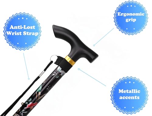 Folding Lightweight Walking Stick - Adjustable Aluminum Metal Collapsible Travel Cane with Non-Slip Rubber Base - color: Black Floral