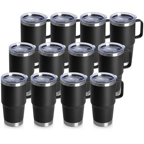 20oz Tumbler Bulk with Lid, Stainless Steel Tumbler Bulk with Handle, Metal Insulated Travel Coffee Mug Set with Handle, Double Wall Vacuum Leak Proof Tumbler Cup, Black 12 Pack - color: Black, size: 20 Ounces-12