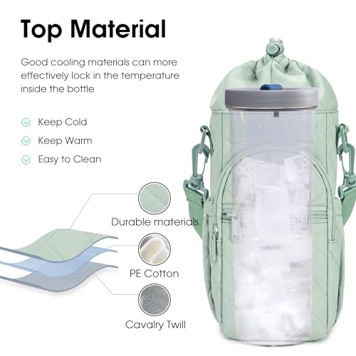 sportsnew 40oz Insulated Crossbody Water Bottle Bag Gym Hiking Phone Pocket | Water-resistant Lining, Padded Strap, Top Handle, Drawstring, Phone Pocket, Elastic Slots, Built-In Key Clip for Gym Walking - color: Quilt Green