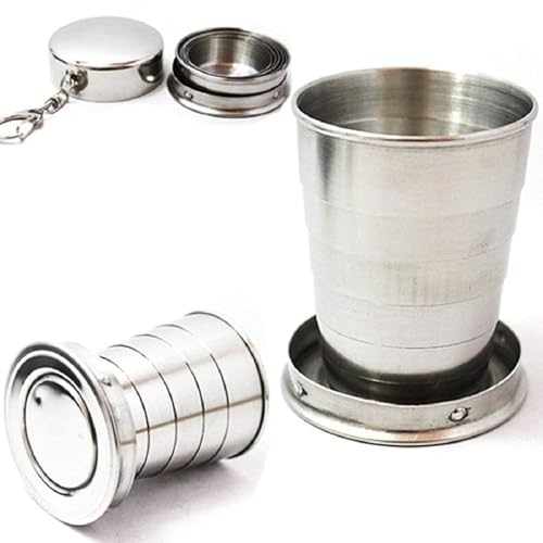 Stainless Steel Collapsible Cup, 250ml, Portable Foldable Travel Mug with Keychain for Camping, Hiking, Outdoor Use