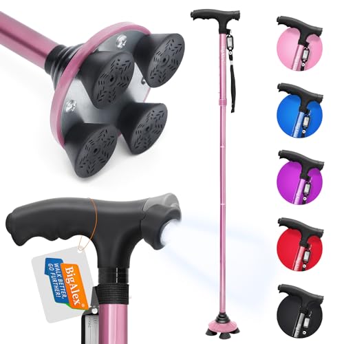 BigAlex Folding Walking Cane with LED Light,Pivoting Quad Base,Adjustable Walking Stick with Carrying Bag for Man/Woman (Alloy Base) - color: Pink(30"-35")