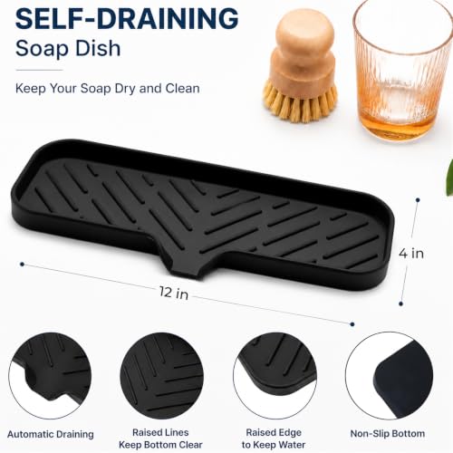 MicoYang Silicone Soap Dish with Drain Spout — Self-Draining Double Sink Organizer Tray for Kitchen & Bathroom, Dispensers, Sponges & Soap Holder, Non-Slip & Dishwasher Safe, Black (Large, 12"×4") - color: Black, size: L(12"×4")
