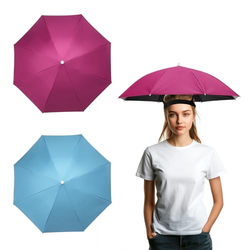 Umbrella Hat, Fishing Hat Hands Free Waterproof Adjustable Sun | Rain Cap Elastic Band Fit Camping - color: Sky Blue/Rose Red