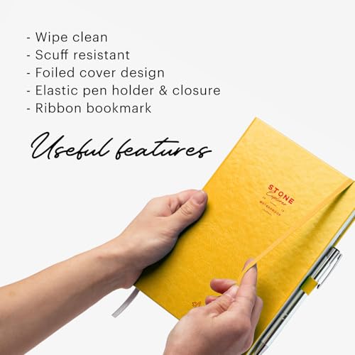 Stone Journal Explorer Notebook – A5 Waterproof Paper Field Journal, Vegan Leather Hardcover, 144 Pages Alternating Ruled & Dot Grid, Back Pocket, Weather-Resistant (Yellow) - color: Yellow