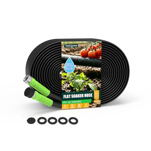 Flat Soaker Hose 50FT for Garden, Upgrade Drip Irrigation Hose with Anodized Metal Ends and Heavy Duty Double-Layer, Leakproof & Flexible Water Saving 80% Hose for Lawn, Beds, Vegetable - size: 50FT