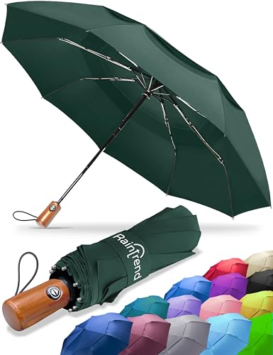 Raintrend Windproof Travel Umbrellas for Rain Automatic +10% Bigger Canopy Strong Frame Compact Folding Portable Umbrella for Women Men Backpack Purse - color: L Dark Green