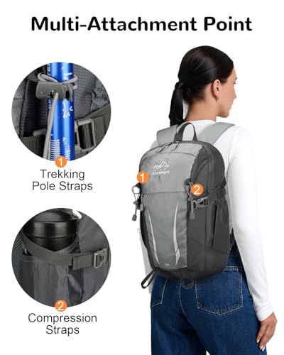 15L Small Padded Hiking Backpack with Chest Strap for Men Women, Lightweight Waterproof Daypack for Travel, Gray - color: Gray
