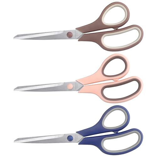 LONGKEY 8.5" Pastel Scissors 3-Pack, Ultra Sharp Stainless Steel - color: Navy Blue, Pink, Brown