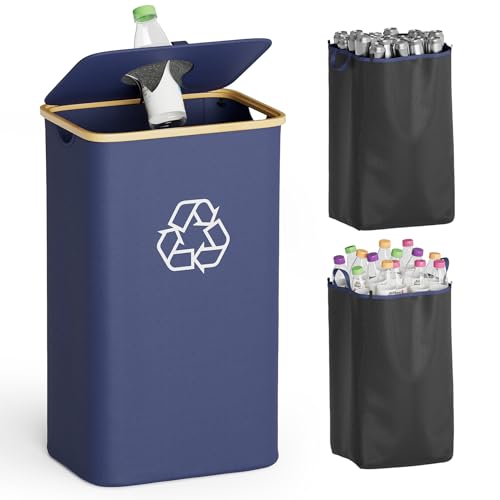 SpaceAid Recycling Bin for Kitchen 26 Gallon, 100L Recycle Bin with Lid and 2 Reusable Inner Bags, for Bottle Can Glass Plastic Stickers, Blue - color: Blue