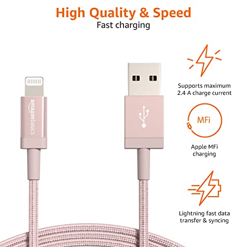 Amazon Basics 2-Pack USB-A to Lightning Cable, Apple MFi Certified, Nylon Braided Cord for iPhone 14 13 12 11 X Xs Pro, Pro Max, Plus, iPad, Data Sync, High Speed Transfer, 6 Foot, Rose Gold - color: Rose Gold, size: 6 Feet, style: 2-Pack