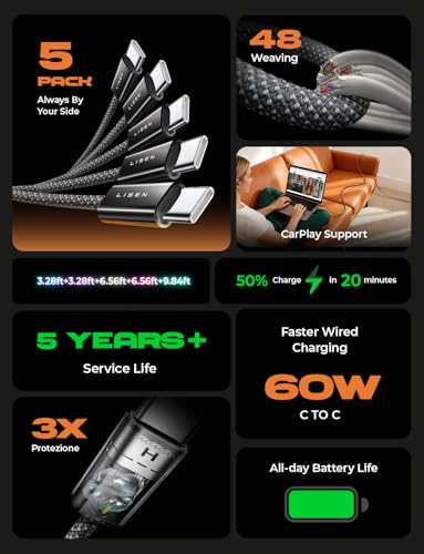 LISEN USB C Cable, 5-Pack [10FT] USBC to USBC Cable for iPhone 17 16e 15 Pro Max Charger Cord, 60W C to C Cable Fast Charging for Galaxy S25/S24/23, Switch 2, iPad, MacBook,Black - color: Black, size: 10+10+10+10+10FT