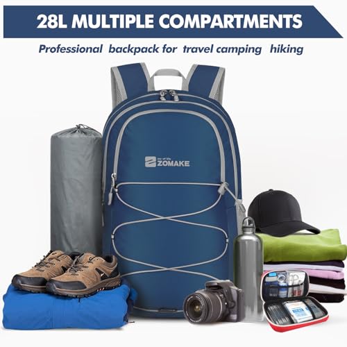 ZOMAKE Lightweight Packable Backpack, 28L Foldable Daypack (Navy Blue) | Light Hiking Backpacks Water Resistant Collapsible Day Pack for Travel, Everyday Carry, Multi-Pocket Layout, Heavy Duty Nylon - color: Navy Blue, size: 28L