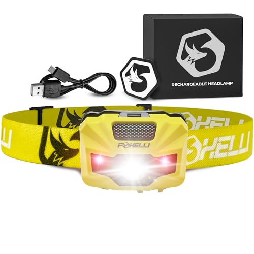 Foxelli USB‑C Rechargeable LED Headlamp – Ultra‑Light 2.4 oz & Bright 180 Lumens – Red/White Light, 5 Modes, IPX5 Waterproof, 40 h Runtime for Trail Running, Camping, Hiking - color: Neon Yellow