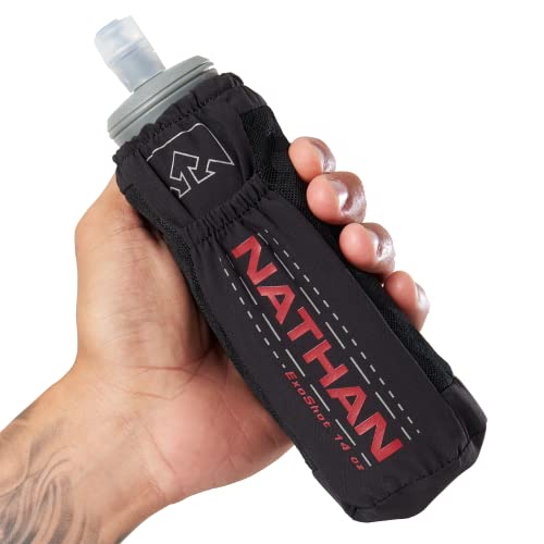 Nathan ExoDraw & ExoShot 2.0 Flask, Handheld Water Bottle for Marathons, Hiking, Ultra Running and Outdoor Activity - color: Black/Ribbon Red, size: 14 Ounces