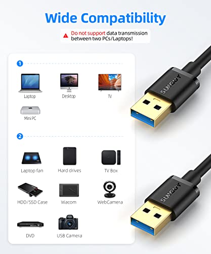SUNGUY USB to USB Cable 1FT Short, USB 3.0 Type A Male to Type A Male Cable Data Transfer up to 5Gbps Compatible with Printers, Modems, Hard Drives, Monitor, Camera, Wacom, DVD, Hub - size: 1FT