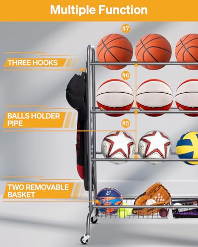 EXTCCT Basketball Rack with Wheels, 4 Tier Garage Ball Storage Organizer | Heavy duty rolling balls cart with two basket storage, ball holder, Sports equipment organized for outdoor, indoor, Grey - color: Standard Grey