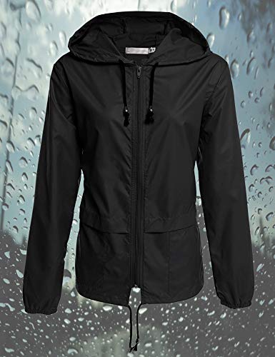 Avoogue Raincoat Women Lightweight Waterproof Rain Jackets Packable Outdoor Hooded Windbreaker - color: Black, size: Medium