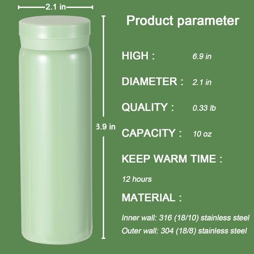 10oz Mini Water Bottle Stainless Steel Thermos Small Flask - Insulated Vacuum, Leak Proof, Keeps Drinks Hot/Cold - Ideal for Coffee, Tea, Water - Light green - color: Light Green, size: 9.5 Ounces