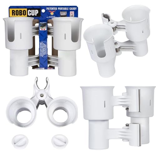 ROBOCUP, (White), Patented Clamp On Boat Cup Holder |Multifunction Dual Drink Caddy for Fishing Poles, Tools, Net, Gaff |Portable Storage for Boating, Beach, Umbrellas, Golf Carts, Strollers - color: White, size: Standard Spring