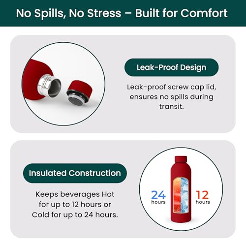 NOBL Stainless Steel Insulated Water Bottle 17 Oz, Leak Proof, Cherry Red | Double Wall Vacuum Insulation Keeps Drinks Cold 24 Hrs, Hot 12 Hrs, 500 Ml Sealed Thermo Bottle Fits Carry-on Cup Holder - color: Cherry Red