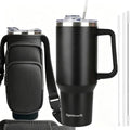 40oz Travel Tumbler with Handle and Straw, Water Bottle with Carrier Bag - color: Black