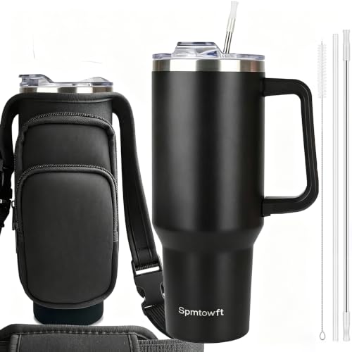 40oz Travel Tumbler with Handle and Straw, Water Bottle with Carrier Bag - color: Black