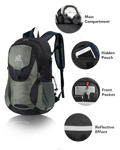 WATERFLY Lightweight Packable Hiking Backpack, 30L Day Pack | Foldable, Water Resistant Travel Daypack with Multiple Pockets, Wet Pocket, Ultralight Day Pack for Woman Man, Everyday Carry - color: Black & Grey