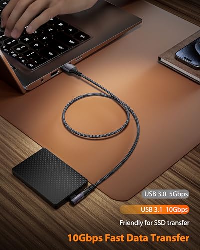 CONMDEX USB C Cable 10Gbps [1ft, 2Pack] Right Angle, 3.1A Fast Charge Cord | 90° Right Angle for Android Auto & CarPlay & Gaming | USB 3.1 Gen 2 | Nylon Braided + Aluminum | for iPhone 17 16 Galaxy S26 - size: 1ft+1ft