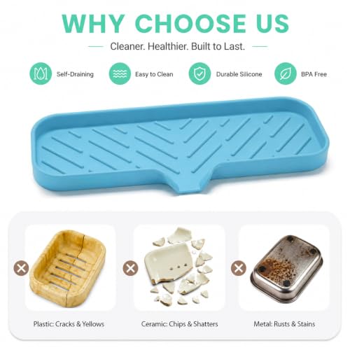 MicoYang Silicone Soap Dish with Drain Spout — Self-Draining Double Sink Organizer Tray for Kitchen & Bath, Dispensers, Sponges & Soap Holder, Non-Slip & Dishwasher Safe, Light Blue (Large, 12"×4") - color: Light Blue, size: L(12"×4")