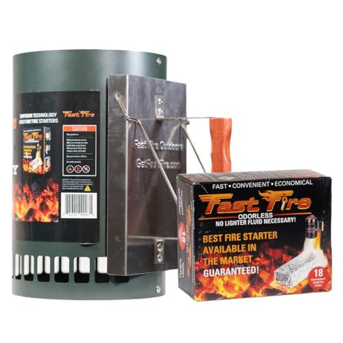 Fast Fire, Stainless Steel Charcoal Chimney Starter (Green) - Rust Resistant BBQ Coal Lighter with Patented Insert, Cool-Touch Handle, 18 Fire Starters for Grills. Outdoor, Camping - color: Stainless Steel Green