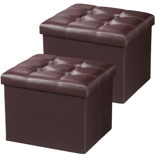 AmasSmile Ottoman with Storage,Folding Stool,17" Leather,Brown 2 Pack - color: Brown 2 Pack, size: 17"*13"*13"inch