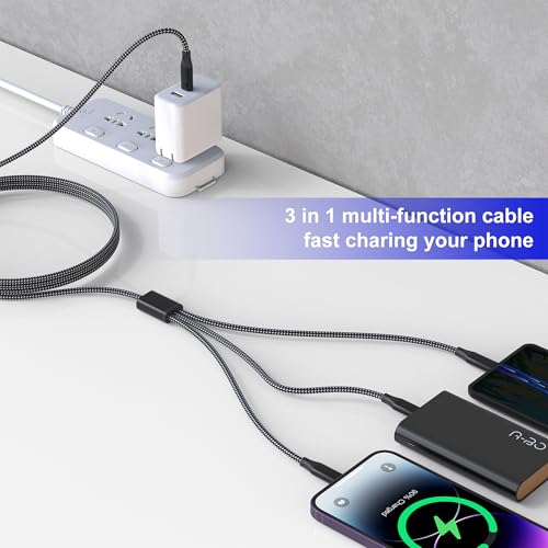 USB-C to Multi Charging Cable 10ft - 60W 3 in 1 Charging Cable for Multiple Devices, Nylon Braided Universal 3 in One Charger Cord with USB C, Lightning & Micro USB, for iPhone17-5/Android Phones