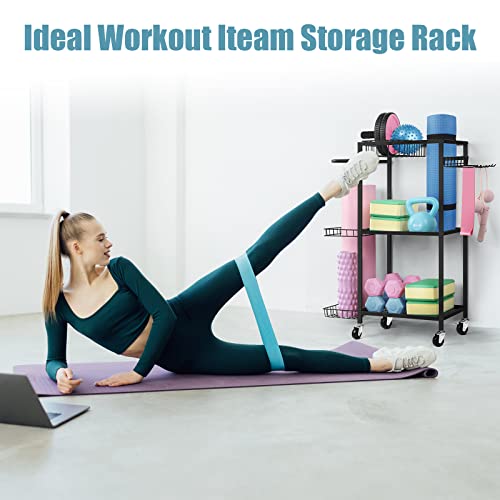 Yoga Mat Storage Rack, Home Gym Storage, Workout Equipment Storage Rack | Home Gym Storage Rack with Lockable Casters, Multi-Purpose Storage, Metal Frame, Strong Structure, Easy To Install - color: Black