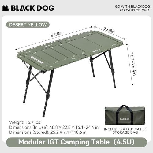 BLACKDOG IGT Camping Table, Portable Folding Camp Table for Outdoor | Adjustable Height 16"-24"，IGT Modular System Compatibility， 7 Expandable Plates, Aluminum，with Carry Bag，48.8" L x 22.8" W - color: Jungle Green