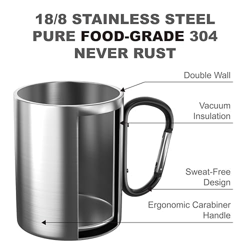 Glow-in-The-Dark Stainless Steel Camping Mug with Carabiner Handle | Double-Wall Vacuum Insulated, Compact & Lightweight 9.5oz Cup for Hiking, Backpacking - color: Black