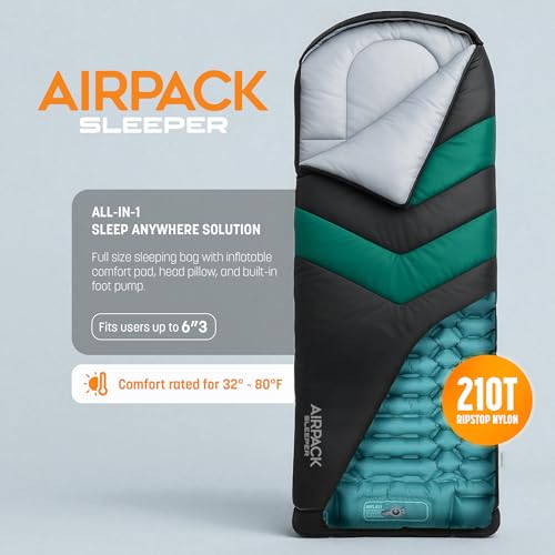 Sleeping Bag with Built-in Pad (AirPack Sleeper) - All-in-One Inflatable Sleeping Pad and Zip-Up Blanket for Camping with Built-in Foot Pump (Black/Green) 80"×30" - color: Black