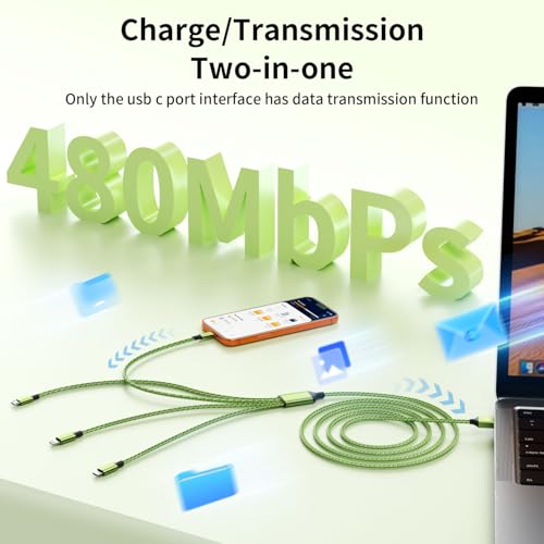4 in 1 Dual Type C Multi Charging Cable, Charging Cord for Multiple Devices | 2 Pack 5FT USB Charging Cable with 2 USB C/IP/Micro USB Charger, Phone Charger for iPhone 17-8/ Android/Pad and More - color: Fluorescent green