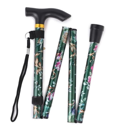 Folding Lightweight Walking Stick - Adjustable Aluminum Metal Collapsible Travel Cane with Non-Slip Rubber Base - color: Green Floral