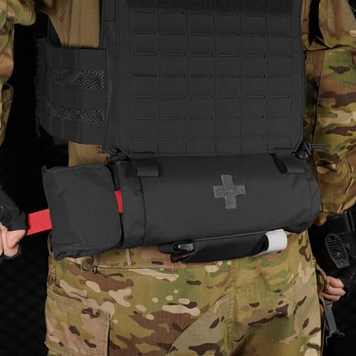 PETAC GEAR Tactical First Aid Drop Dump Pouch, Micro Medical Trauma Roll Up Drop Pouch EMT IFAK Sub Abdominal Carrying Bag with Hook-N-Loop(BK) - color: Bk