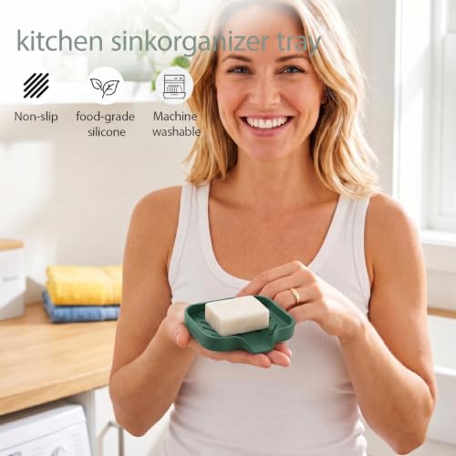 MicoYang Silicone Soap Dish with Drain Spout, Self-Draining Sink Organizer Tray for Bathroom and Kitchen, Sponges, Dispensers and Soap Holder, Non-Slip and Dishwasher Safe, Green (Compact, 4.9"×3.2") - color: Green, size: S(4.9"×3.2")